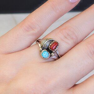 Vintage Sterling Turquoise and Coral Ring – Southwest Style